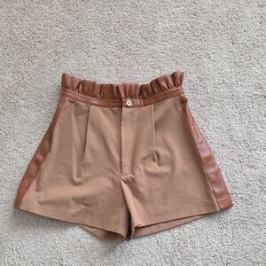 Stylish High Waist Tan Shorts with Faux Leather Trim